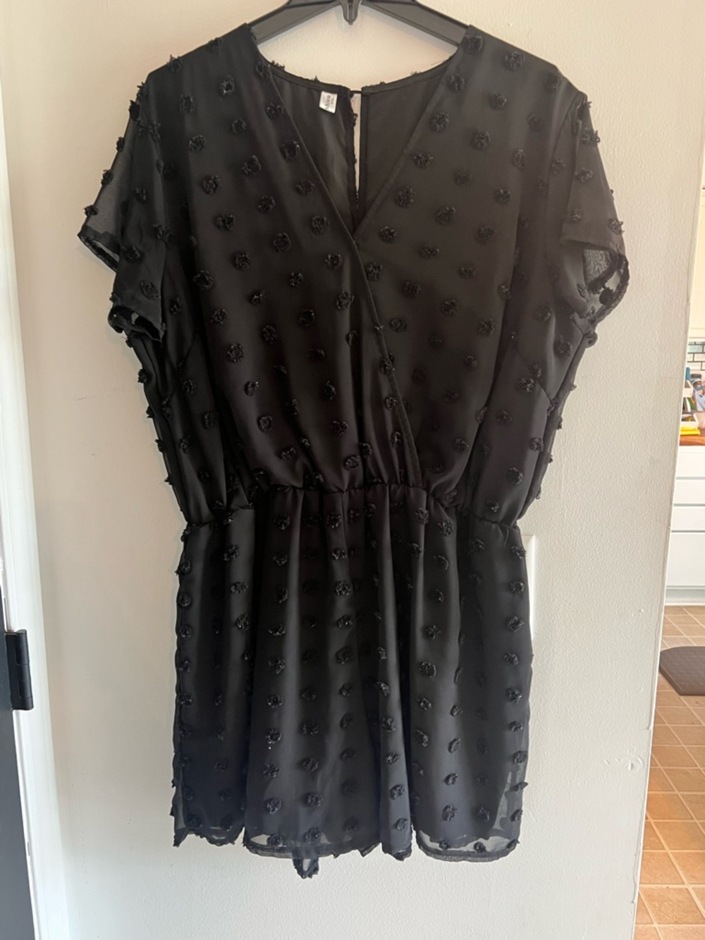 Black Women's Short Sleeve Romper - Lightweight Textured Fabric